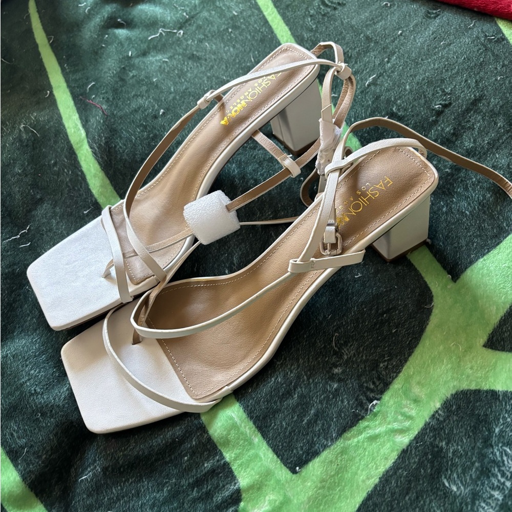 Fashion Nova Beige Square-Toe Strappy Block Heel Sandals